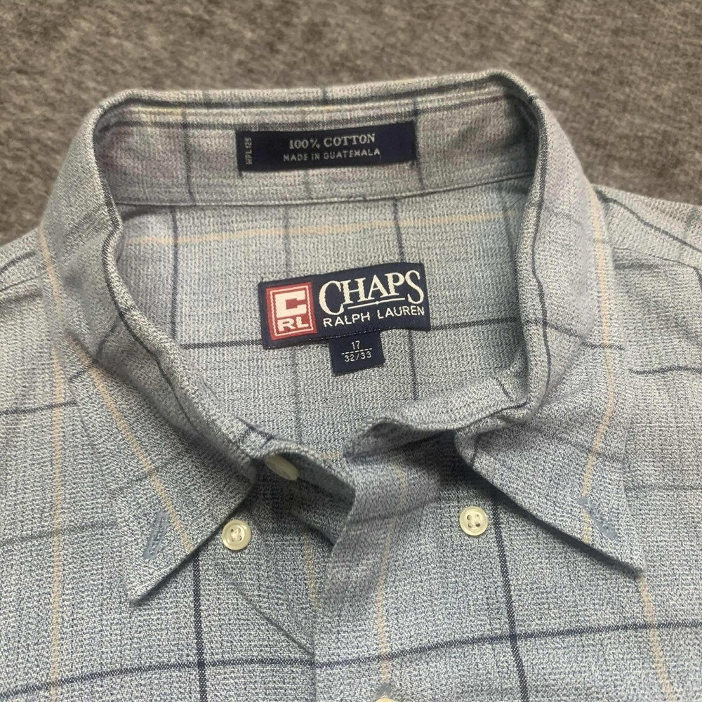 Vtg Chaps Ralph Lauren Mens Button Down Shirt 17 32/33 Blue Plaid Long Sleeve